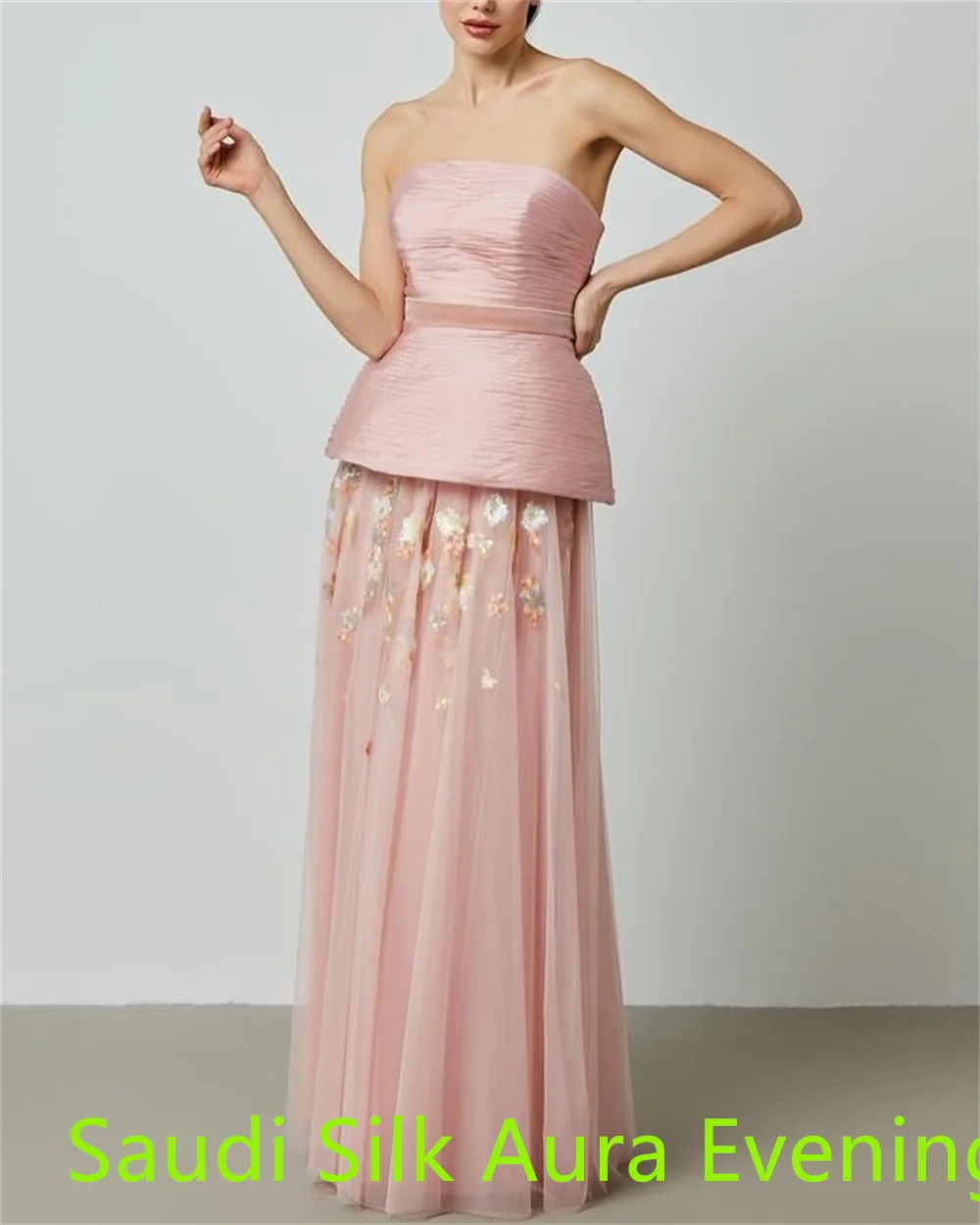 فستان جيرسي وردي مخصص لحفلات العودة للوطن أنيق بدون حمالات وحزام (زنانير) متدرج مزين بسحاب خلفي مخصص للحفلات D #5