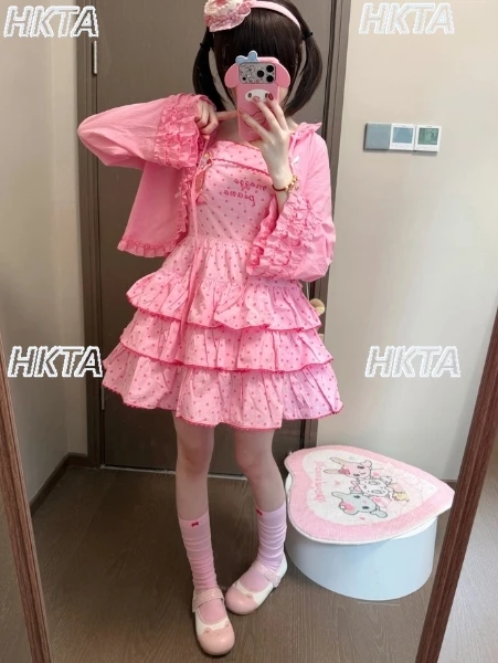 

Japanese Cute Cartoon Polka Dot Cake Neck Jsk Dress Sweet Lace Bow Pleated Flared Sleeve Cardigan Tops Strap Dress Sets Women