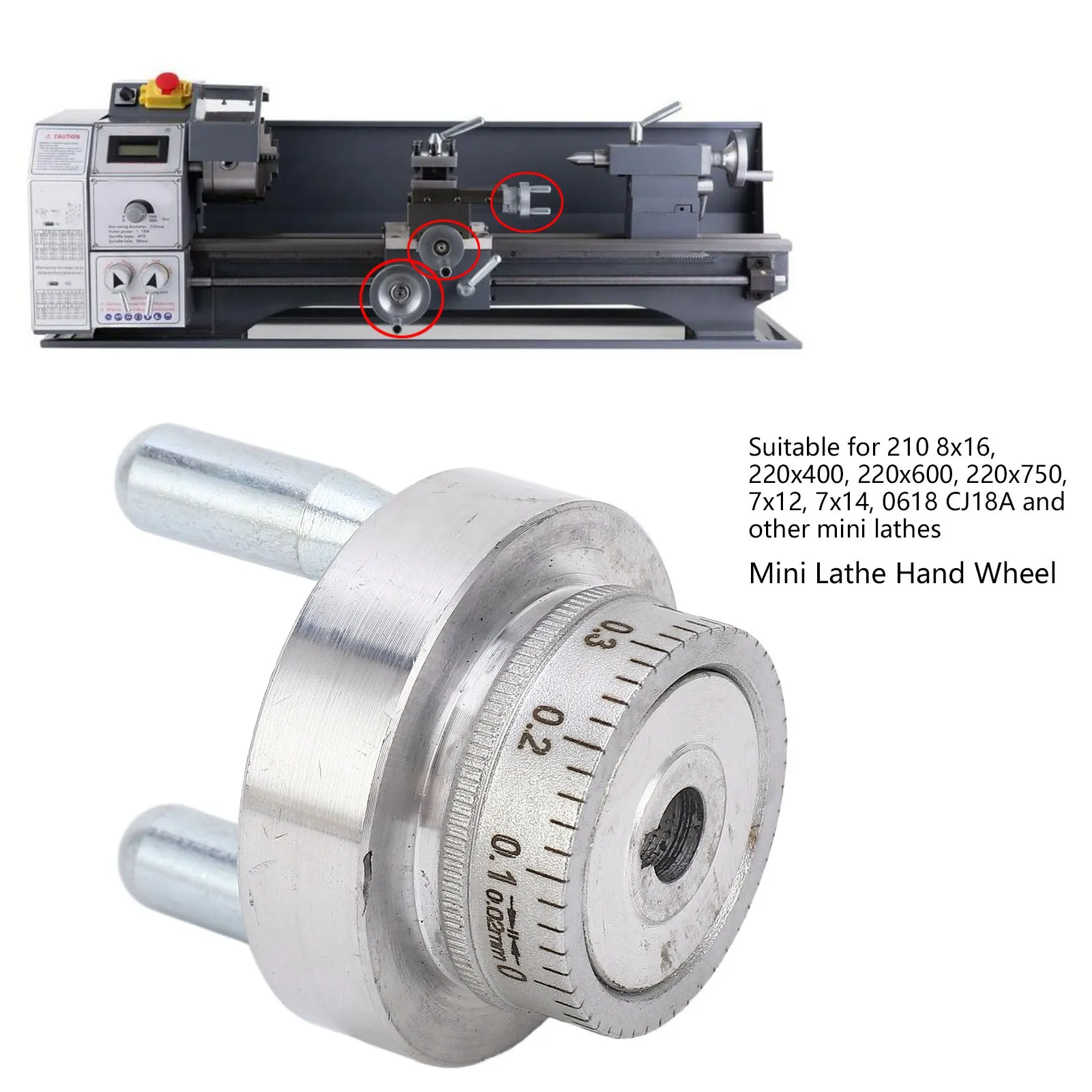 Mini Lathe Hand Wheel 50mm Aluminum Alloy with 0-1mm Scale & Handle Crank for Metal/Wood Turning CNC Machine Accessories