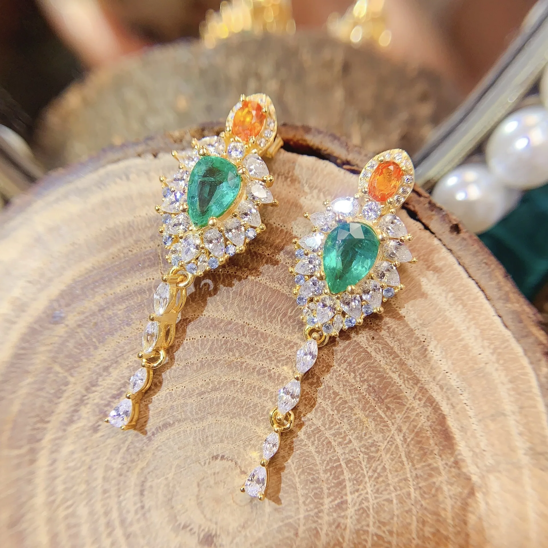 Natural Emerald & Color Sapphire Dangle Earrings 5*7mm+3*4mm Pear Gemstone Gold Plated S925 Silver White Zircon