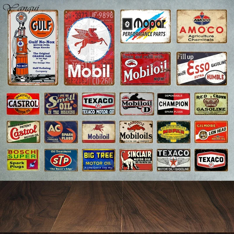 Letreros de Metal Mobiloil de aceite de Motor, placa de pared de gasolina, decoración de garaje Vintage, Bar, Pub, hombre, cueva, placa de Metal decorativa YA015