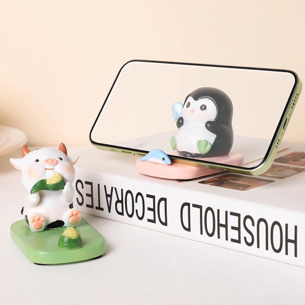 Penguin Desktop Phone Holder Cartoon Animal Cow Mobile Phone Stand Figure Model Decor Cell Phone Bracket Phone Accessories