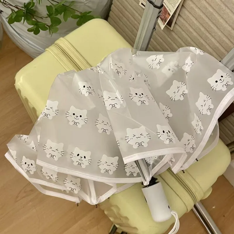 

Cute Cartoon Cat Folding Automatic Transparent Umbrella, Three-Fold Long Handle, Creative Umbrella for Students