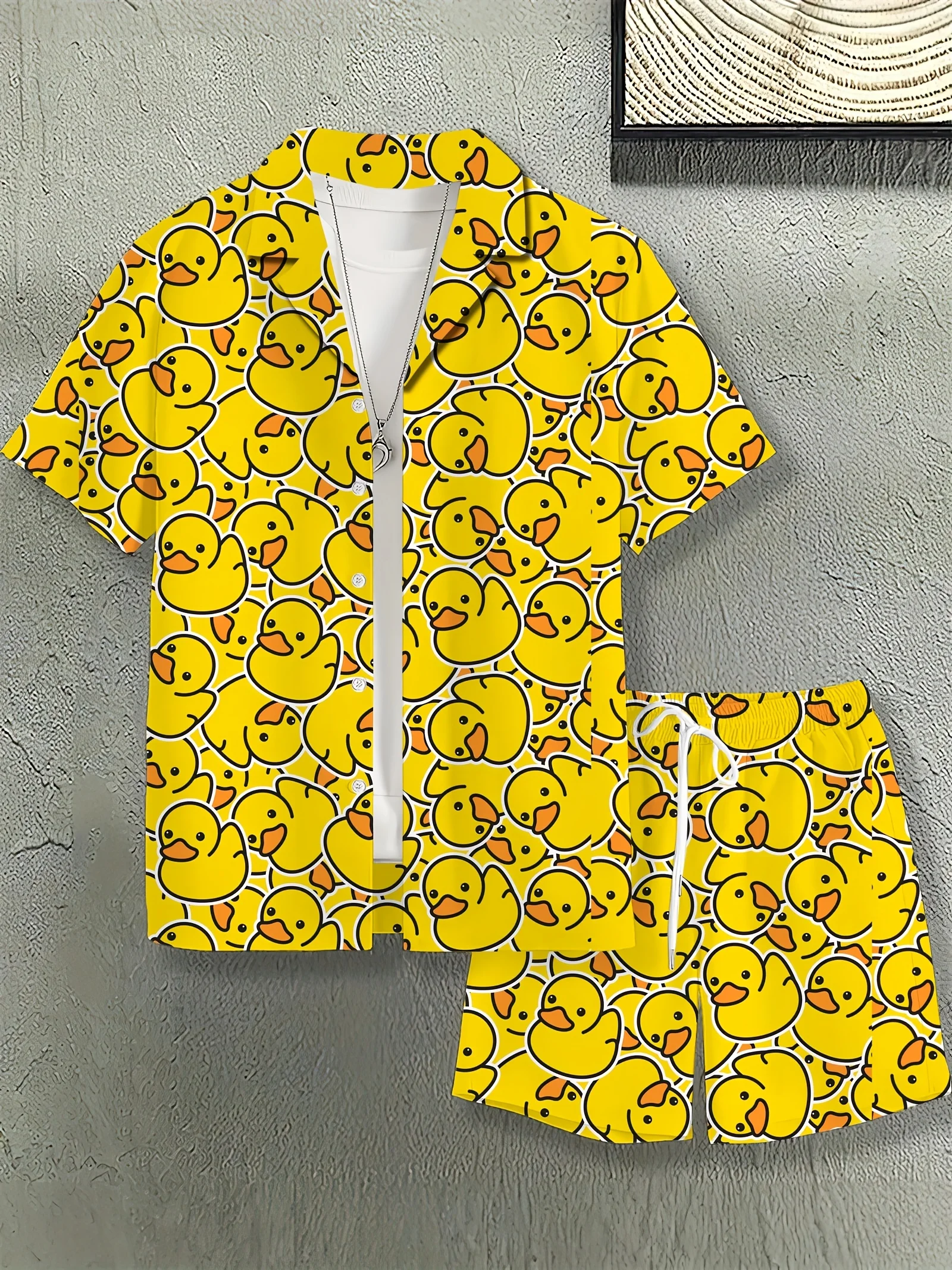 2pcs Men's Duck Graphics Print Shorts Shirt Set Drawstring Waist Summer Beachwear Casual Funny Prints Asian Size