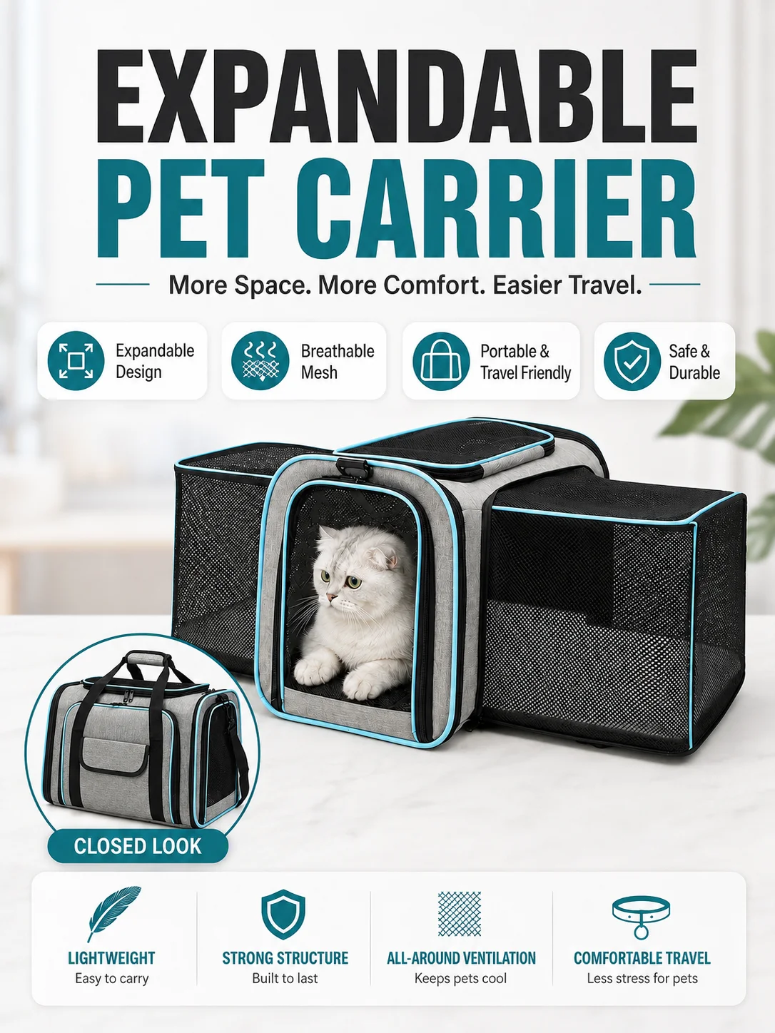 Stylish Breathable Pet Carrier with Double Side Expandable Design, Portable Hand Crossbody Shoulder Travel Bag for Cats & Dogs