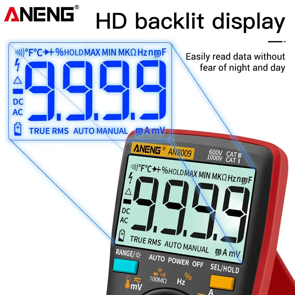 ANENG-AN8008デジタルマルチメータ,9999カウントトランジスタ,真のrmsテスター,rm409b,自動電気機械,電圧コンデンサメートル