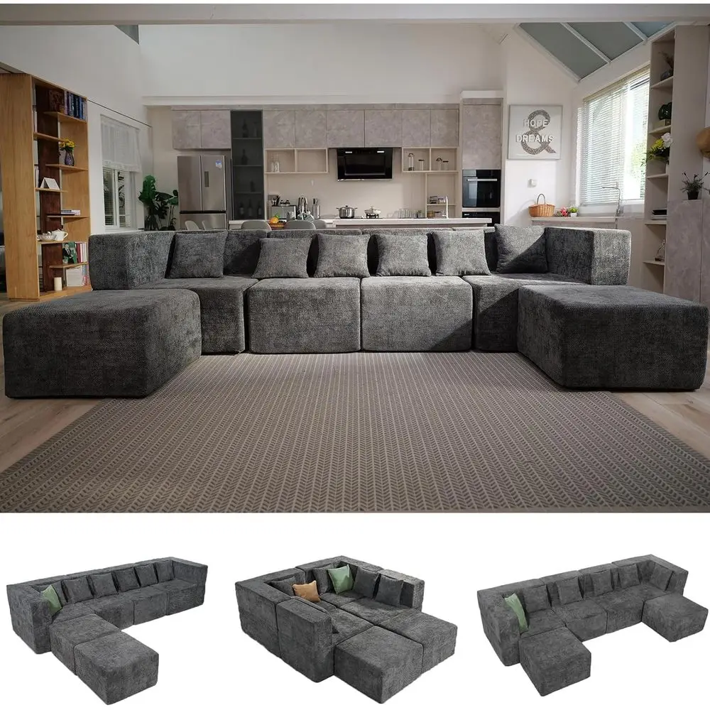 

130 6-Seat Chenille Couch Set with Ottoman, Grey, Memory Foam, No Assembly Required
