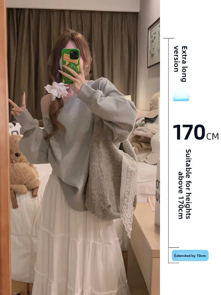 

Loose Fit Long Sleeve Shoulder Bared Grey Sweatshirt Women's Early Autumn Design Casual Outerwear Korean Style Street Fashion