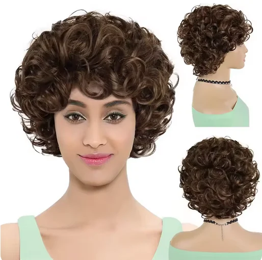 Parrucca sintetica per capelli castani corti per donna Parrucca afro riccia con frangia Parrucca da festa quotidiana naturale morbida e soffice resistente al calore