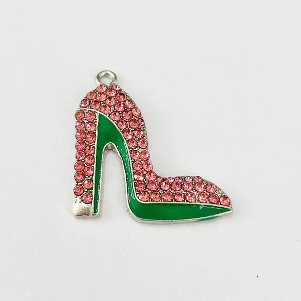 10Pcs Pink and Green Rhinestone Hihg-Heeled Shoes Charm Sorority Jewelry Bracelet Necklace Accessories