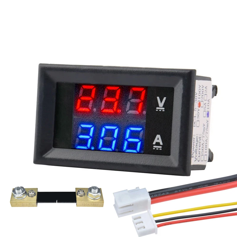 DC 100V 50A 100A Voltmeter Ammeter Blue+Red LED Amp Dual Digital Volt Amp Meter 50A75mV 100A Shunt Voltmeter Car Module