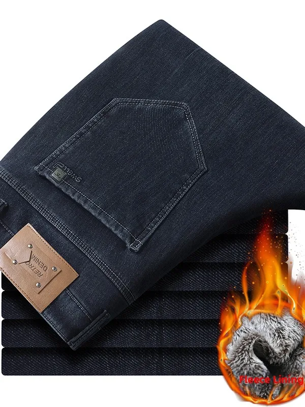 

Thiened Fce Men's Jeans Elastic Straight Leg Casual Pants Large Size Loose Fit Warm Cotton Polyester Blend Denim