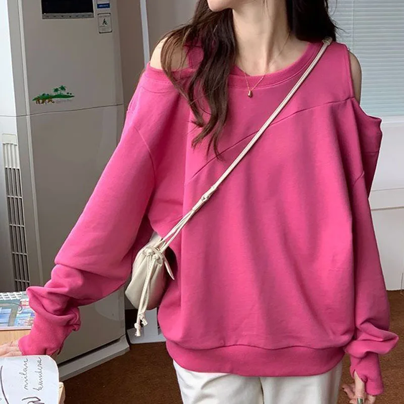 New Spring and Autumn Fashion Trend Off Shoulder Hanging Neck Solid Color Versatile Loose Size Casual Style Women\'s Sweater