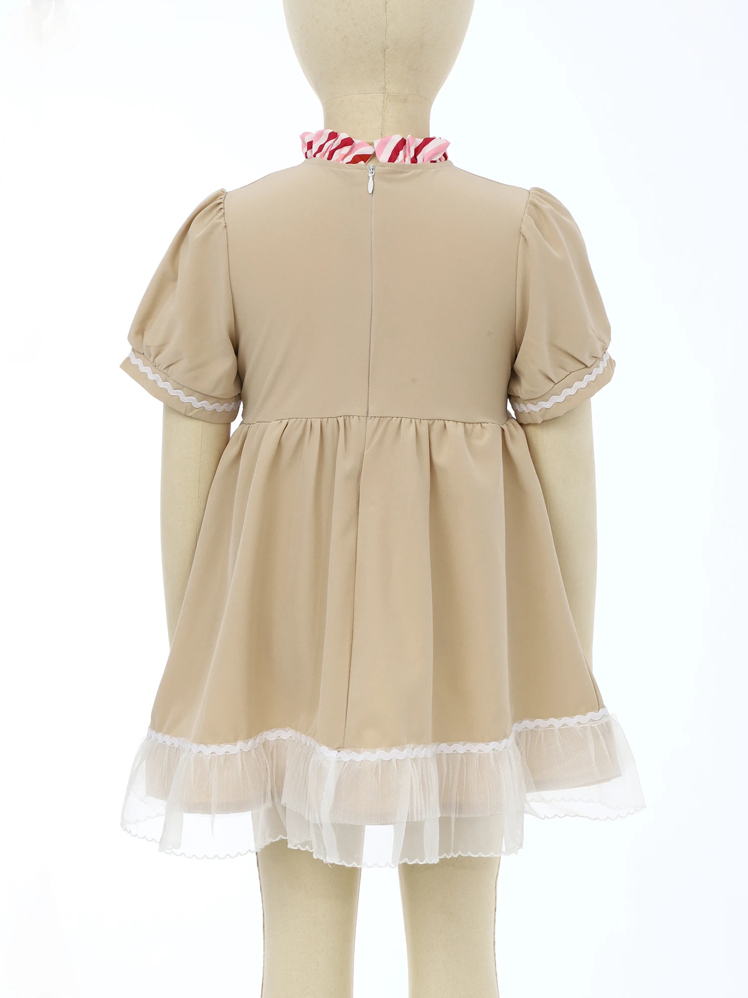 Kids Girls Short Sleeve Bow Tie Zipper Mesh Tutu Xmas Dance Dress Christmas Carnival Party Gingerbread Man Cosplay Costume