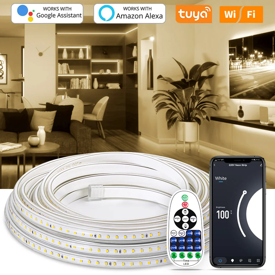 1m-50m LED Strip 220V 2835 Waterproof Flexible Tape Outdoor Lighting Tuya Smart WiFi/IR Remote Control Alexa with EU Plug