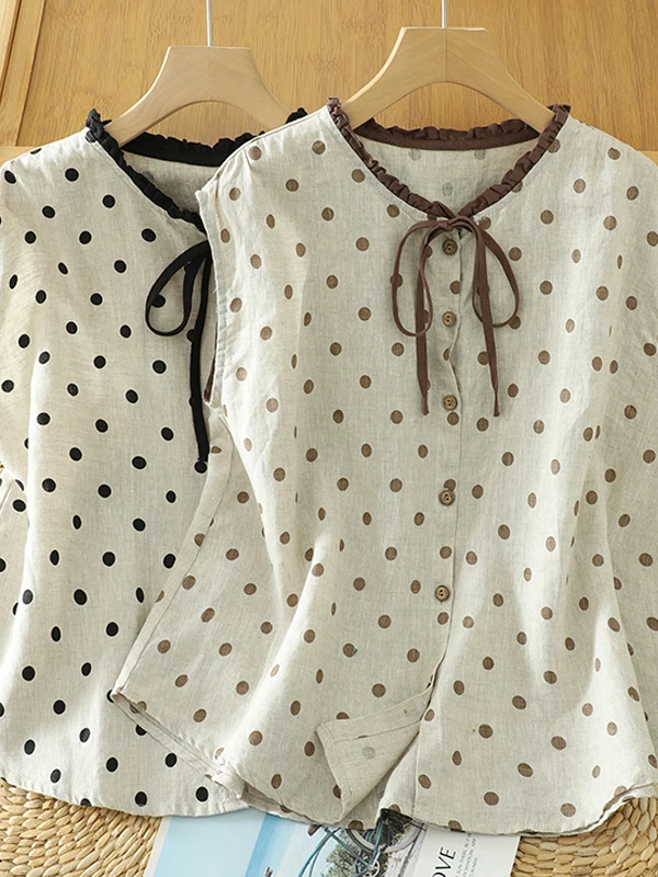 Summer Casual Loose Polka Dot Linen Svel irt Women's Cotton Linen Small Top with Belt Floral Collar Button Detail