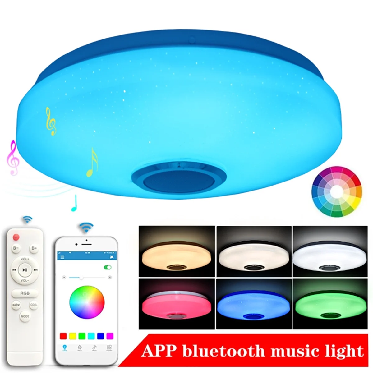 12 Inch Ceiling Light with Remote Control with RGB Bluetooth Speaker 24W LED Flush Mount Shower Light Fixture EU Plug