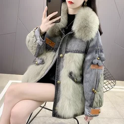 Winter Women Sewn Fur Jacket Fashion Imitation Fox Feather Down Cotton Padded Jacket Denim Jacket Short Style Overcoming Jacket