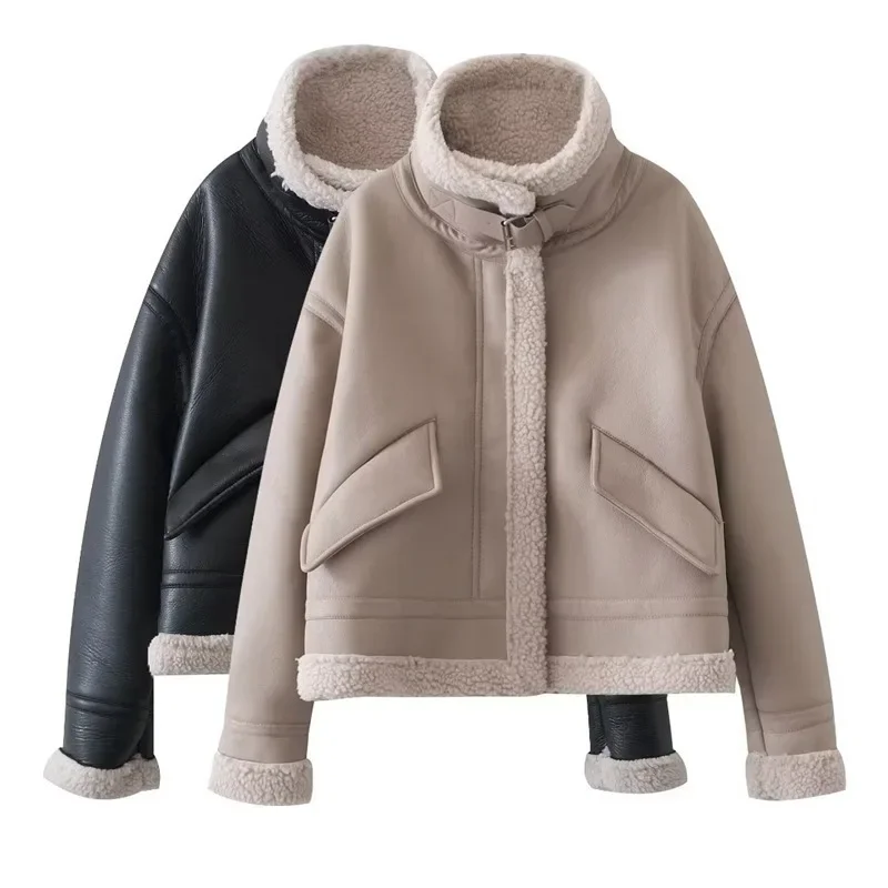 Women Fashion Thick Warm Faux Leather Shearling Jacket Coat Vintage Long Sleeve Flap Pocket Female Outerwear Chic Tops