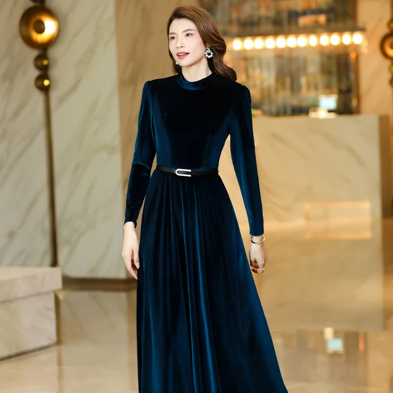 Herfst Winter Woon-werkstijl Afslankende bordeauxrode fluwelen lange jurk Feestdatum Lange mouw Ronde hals Marineblauwe taillejurk