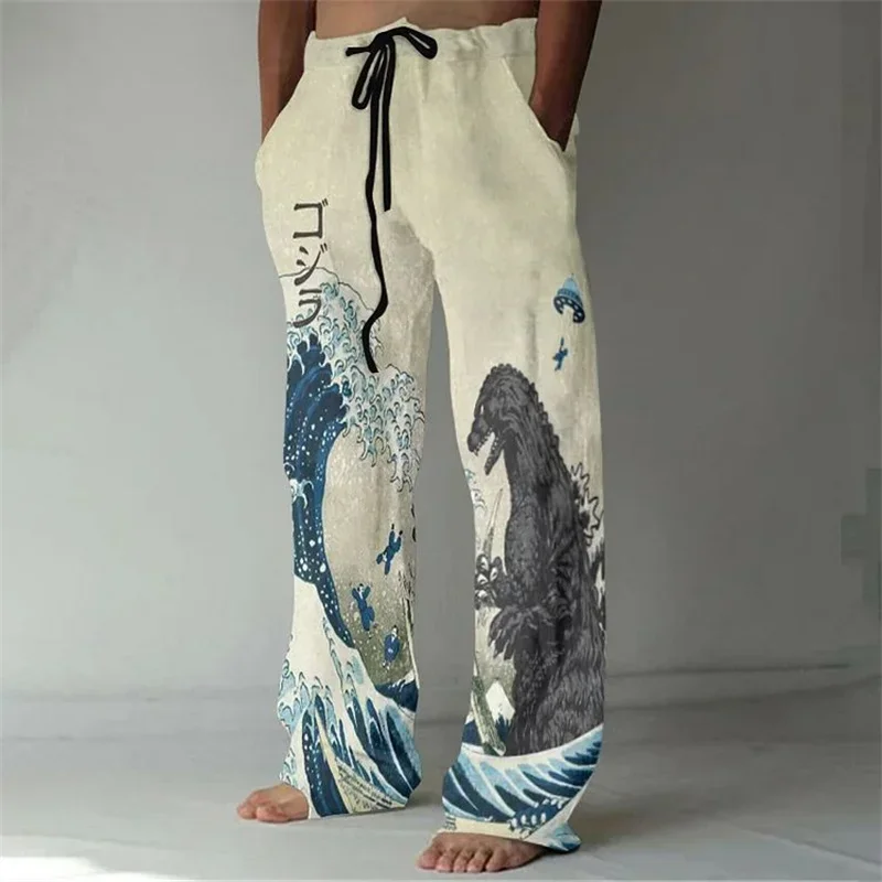 

2024 Fashion New Monster Print Men's Trousers Bamboo Linen Breathable Comfortable Casual Pants Large Size Handsome Straight Pant