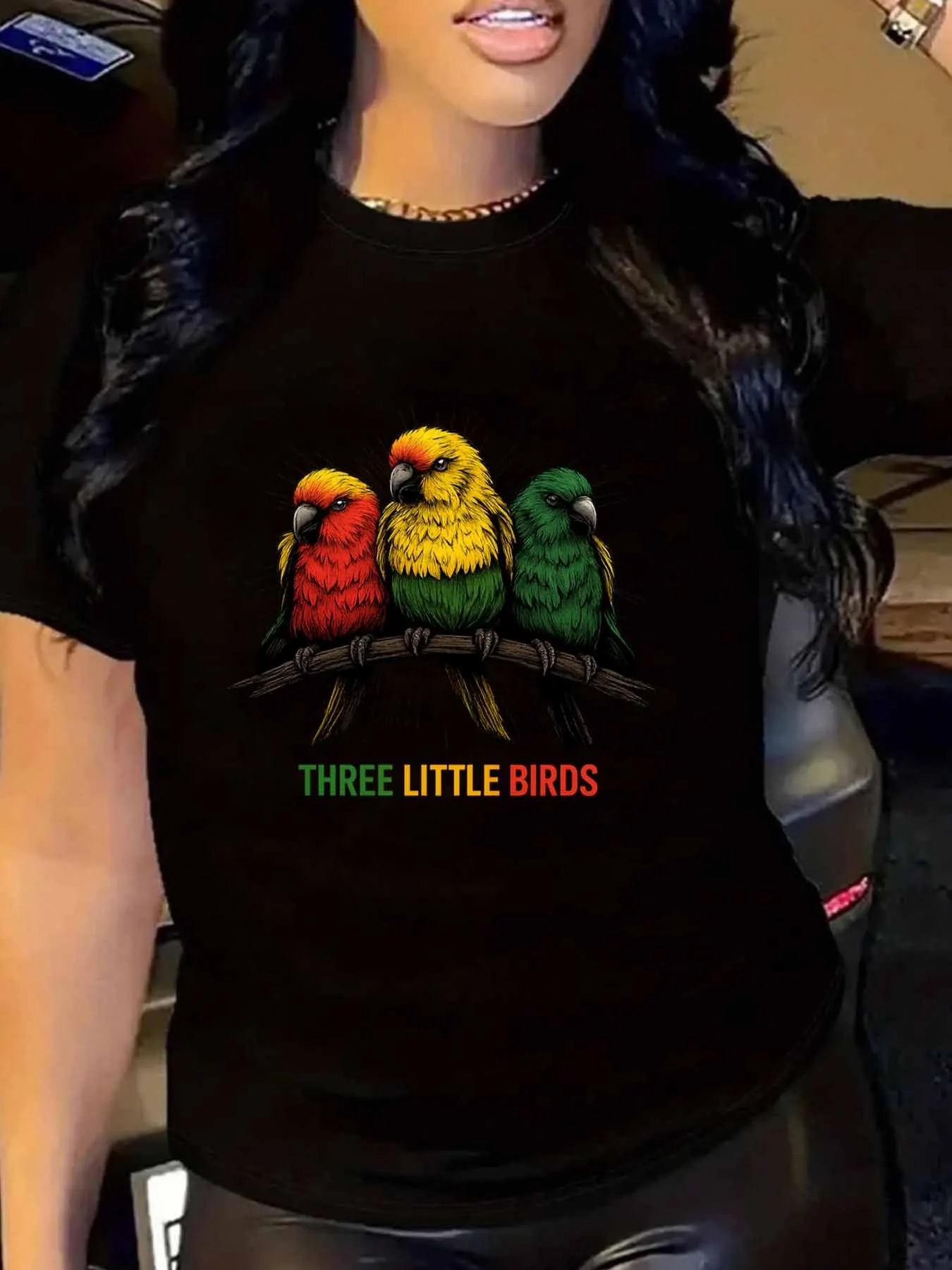 Camiseta De Manga Corta Con Cuello Redondo Y Estampado De Tres Pájaros Para Mujer De Talla Grande Con Media Manga Elástica Y