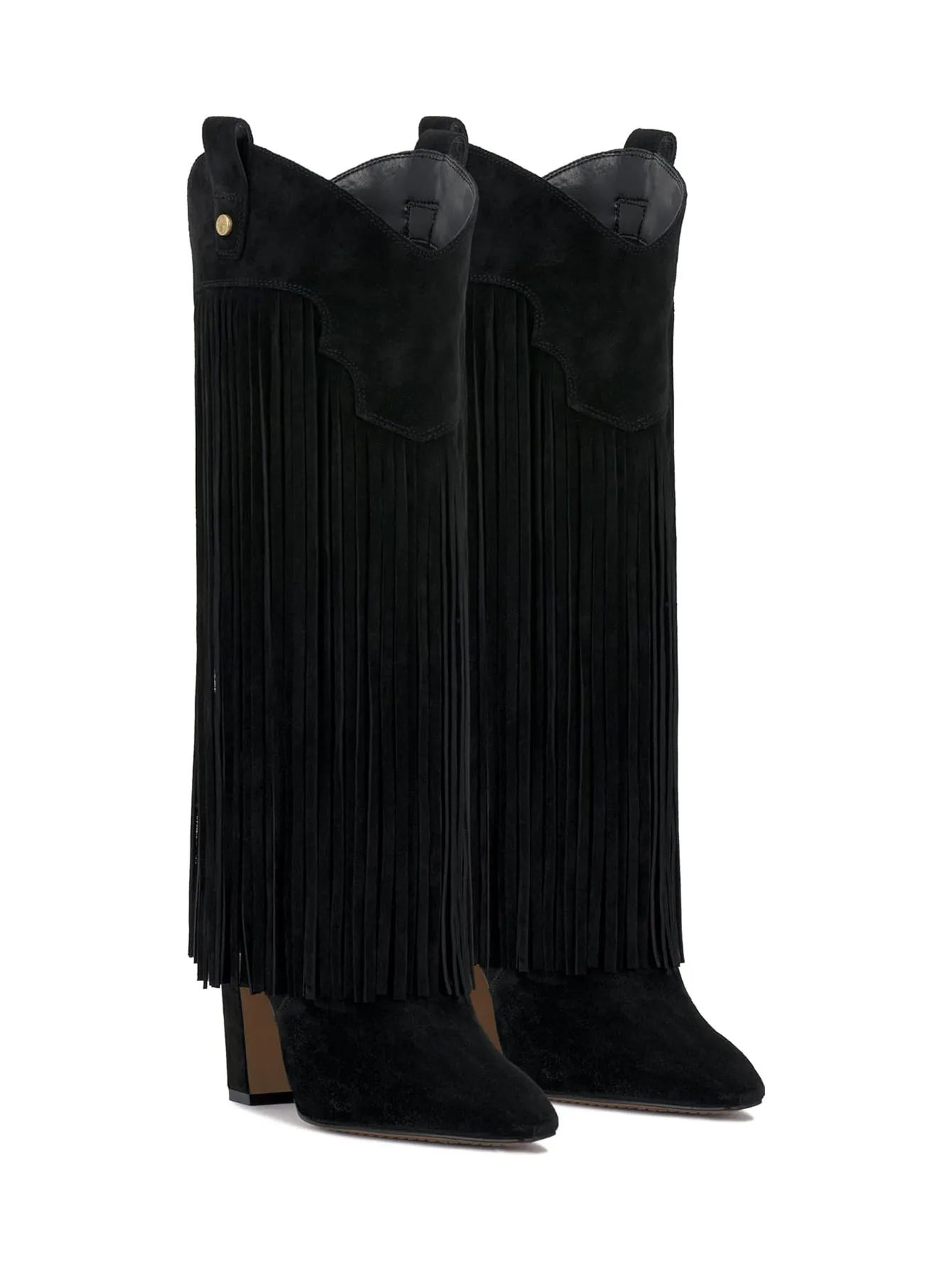 

Fringe Knee High Cowboy Boots For Women Pointed Toe Block Thick High Heels Pull On Fall Vintage Western Cowgirl Boots