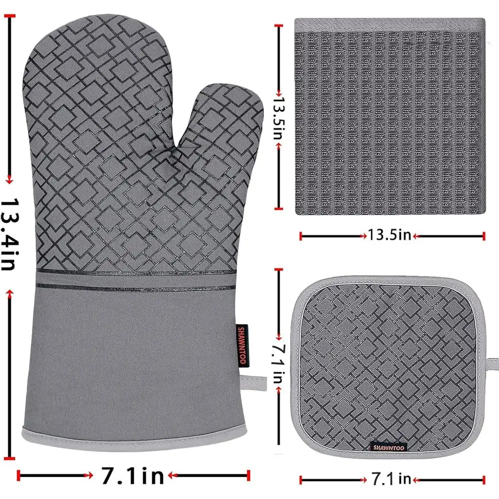 6-Piece Kitchen Oven Mitts and Potholders Set, High Heat Resistant up to 550°F, Extra Long, Non-Slip Silicone Surface (Grey)
