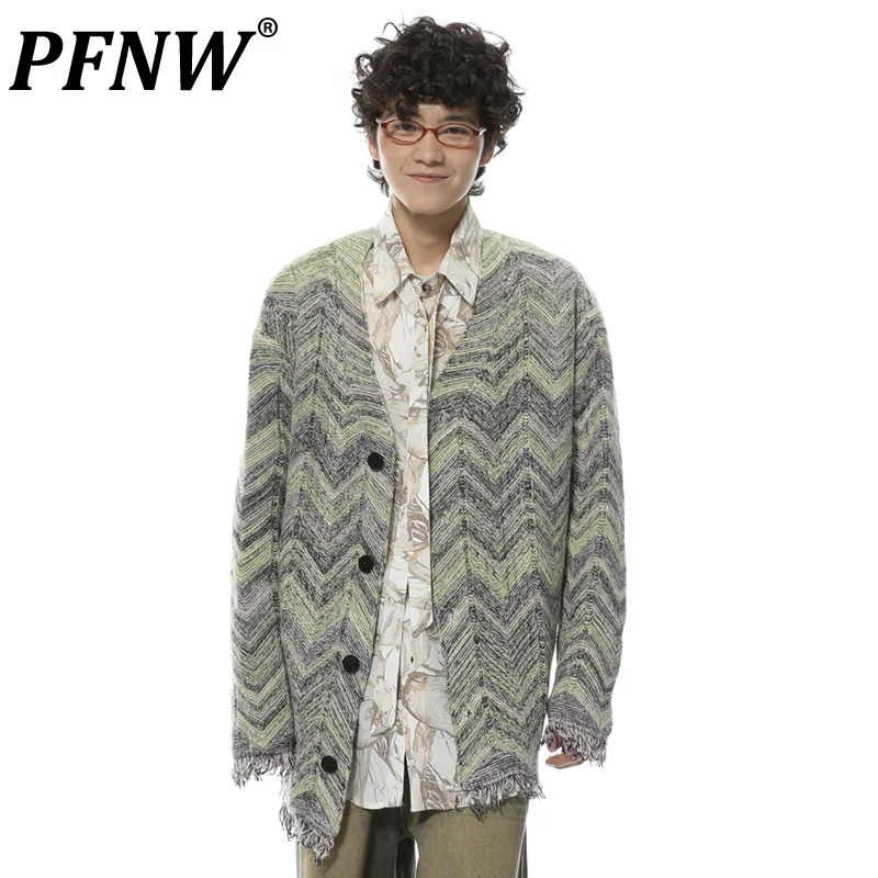 

PFNW Male Wave Striped Sweater Contrast Color Thin Knitting Cardigan Jacket Rough Selvedge Men’s Tops Chic New Autumn 28W3915