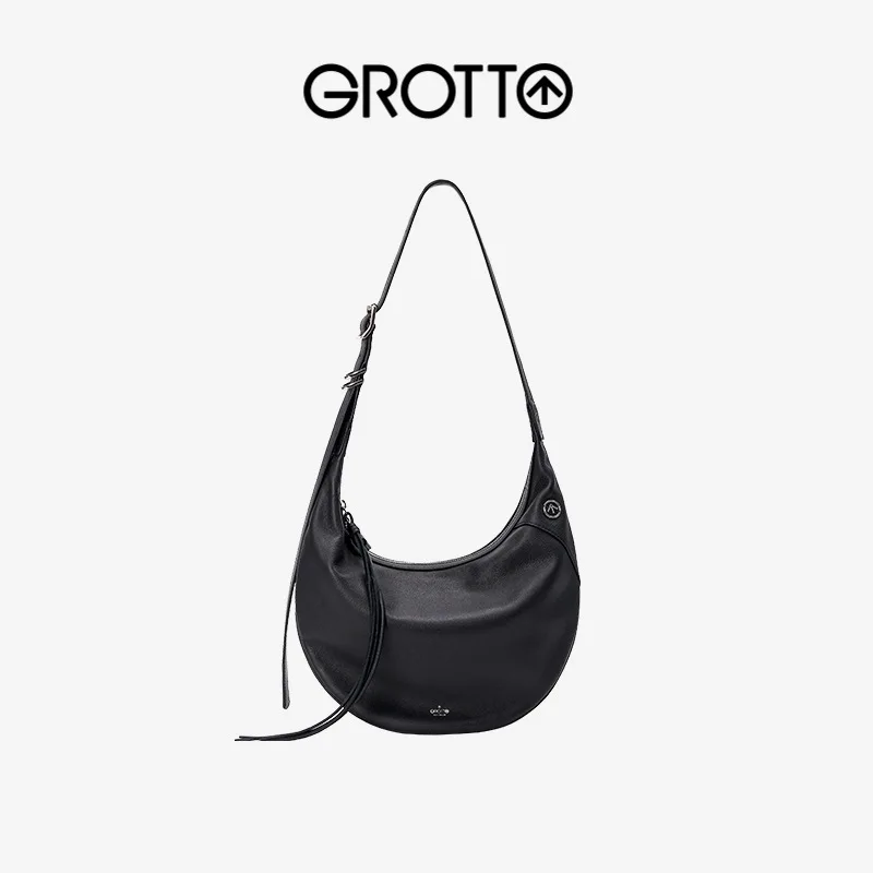 

GROTTO Fashion 2025 New Calfskin Double Moon Hobo Shoulder Bag with Fringe