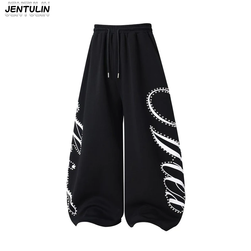 American Street Rivet Graffiti Wide Leg Pants Men's and Women's Letter Printed Curved Knife Pants Unisex Y2k Clothing