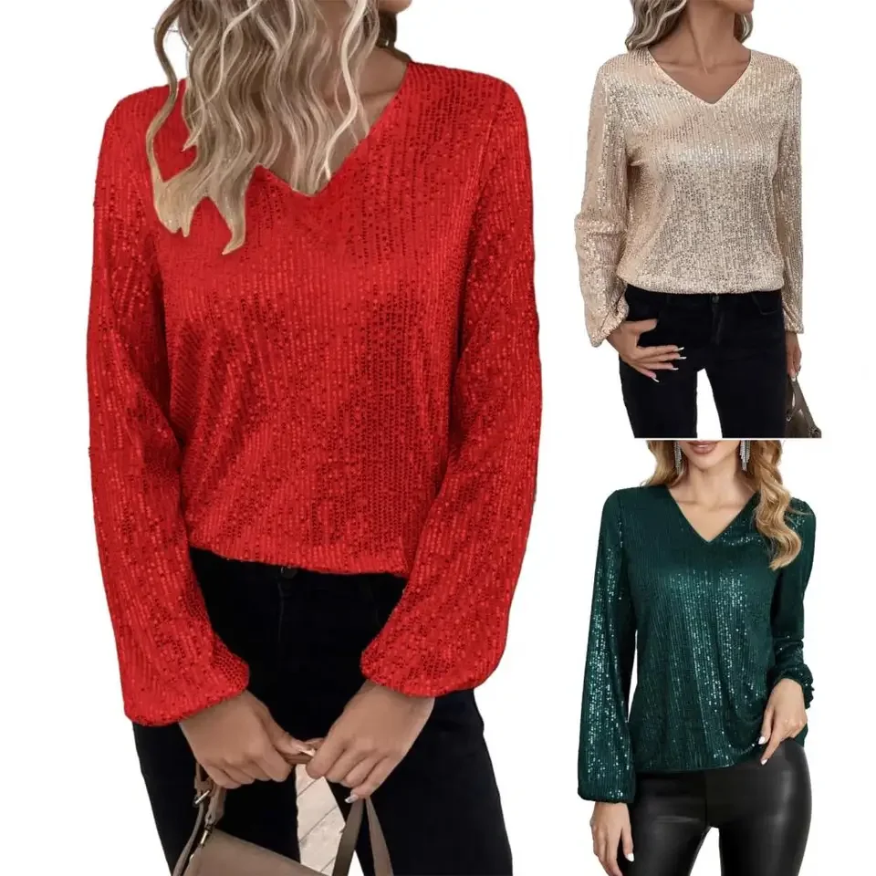 

2026 Women Blouse Shiny Sequin V Neck Long Sleeve Loose Blouse Pullover Pure Color Commute Club Party Lady Blouse Women Top