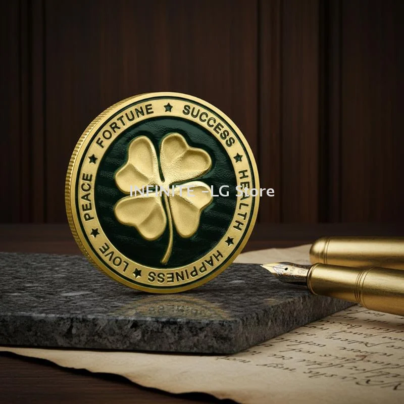 Lucky Four Leaf Clover Painted Coin 4cm Round Metal Souvenir Challenge Commemorative Coin For Home Decor