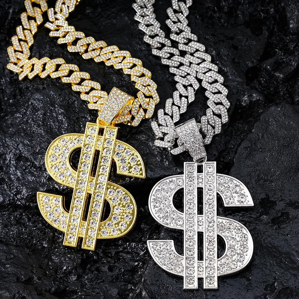 Fashion Hip Hop Dollar Pendant Necklace with 13/14mm Cuban Chain US Dollar Money Sign Iced Out Chain Necklaces Jewelry For Men