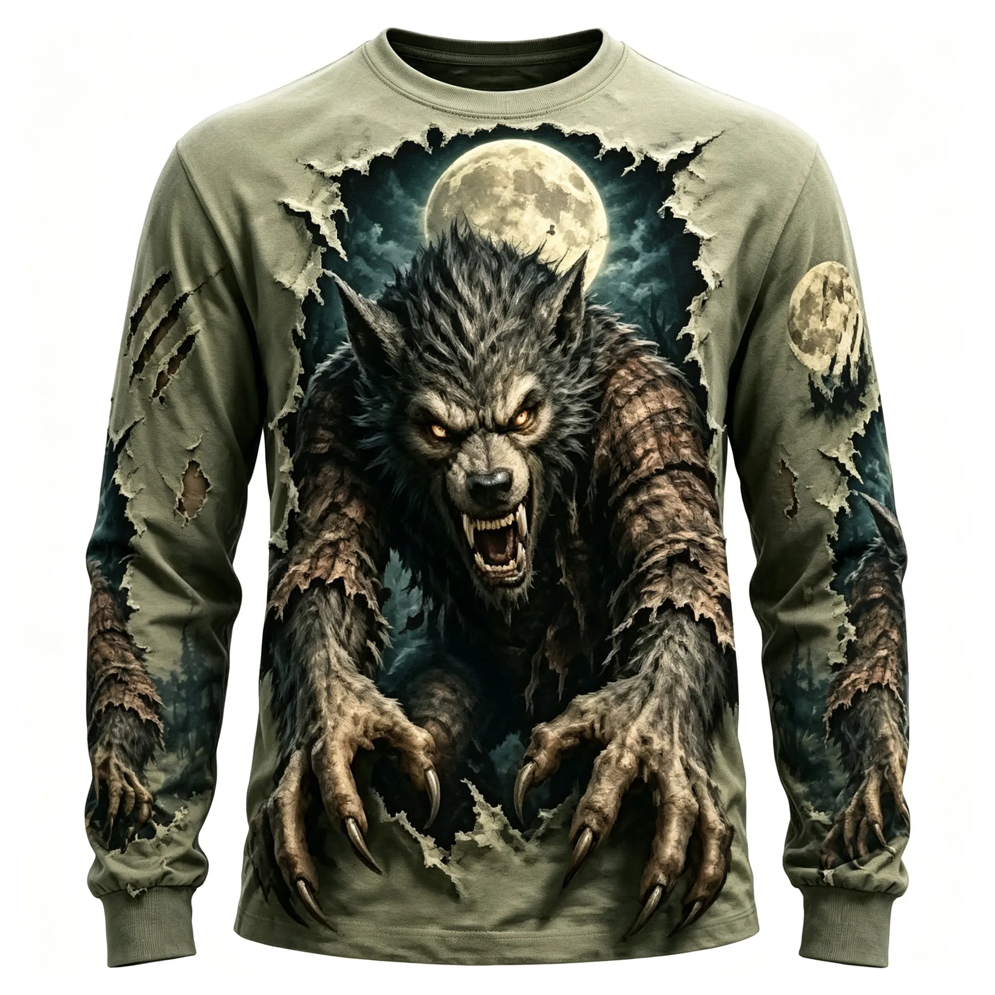 Men's Long Sleeve T-Shirt Werewolf Full Moon 3D Print Gothic Horror Crew Neck Casual Top