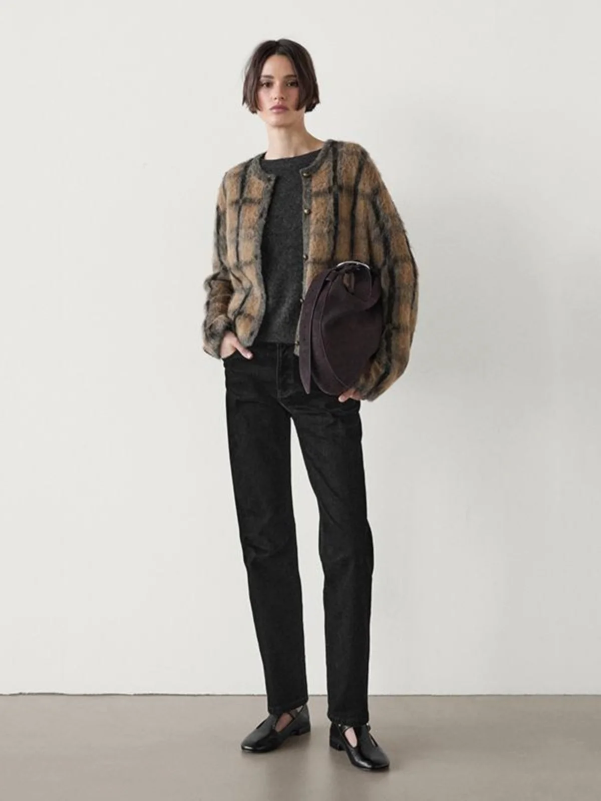 

Коричневое шерстяное пальто в клетку с длинными рукавами, вязаное, женское, модное, осенне-зимнее, новое, с круглым вырезом, верхняя одежда для повседневной носки