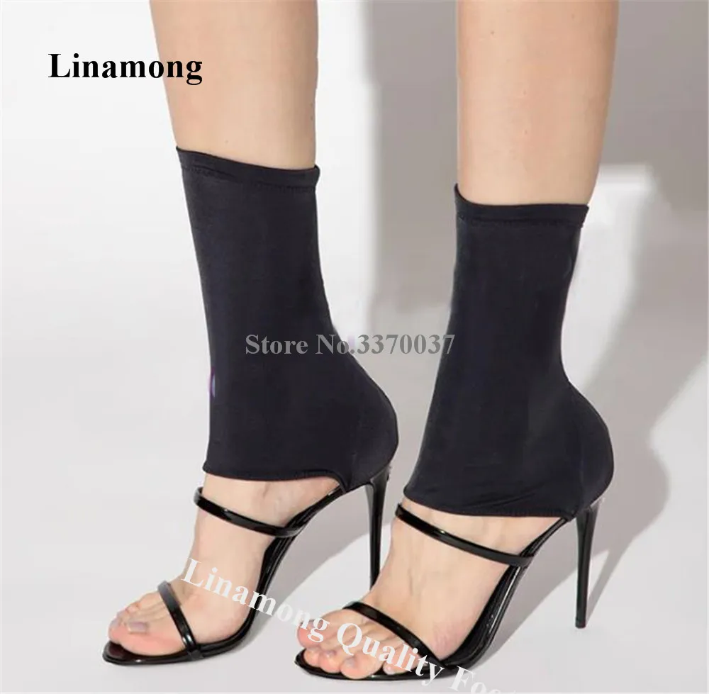 

Linamong Black White Bandage Stiletto Heel Gladiator Sandals Open Toe Narrow Patent Straps Thin Heel Sock Sandals Big Size Heels