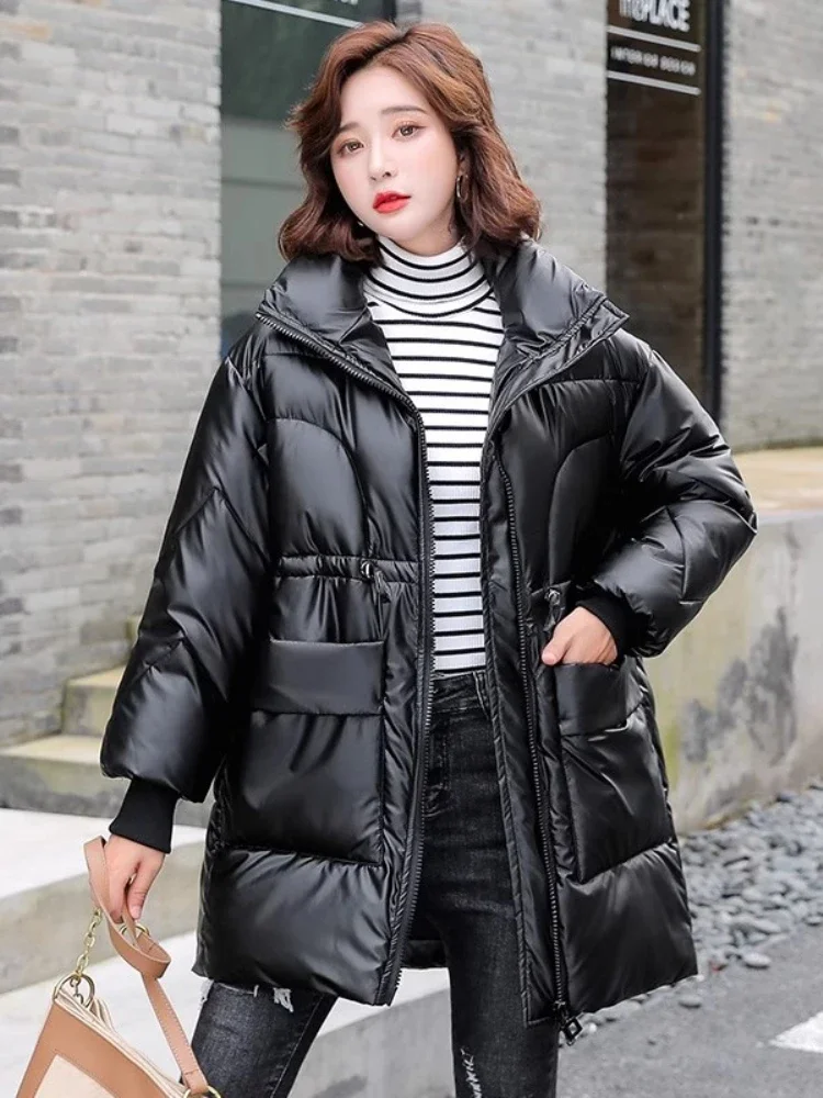 Thicken Cotton Jacket Women Winter Clothes Korean Loose Large Size Mid-Length Parker Fashion Y2k Shiny Down Cotton Jacket Female