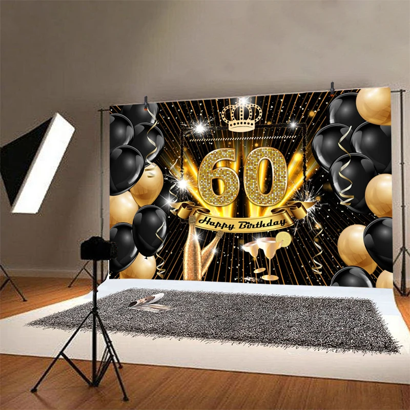 Black Gold 60th Photo Backdrop Woman Man Happy Birthday Party Sixty 60 Years Old Photograph Background Photo Banner Decoration