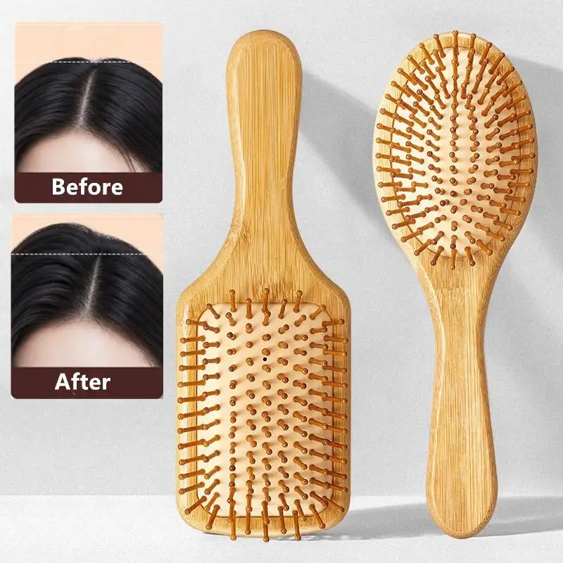 Natural Bamboo Paddle Air Cushion Hair Comb Anti Static Scalp Massage No Tangle for Women Long Curly Hair Care