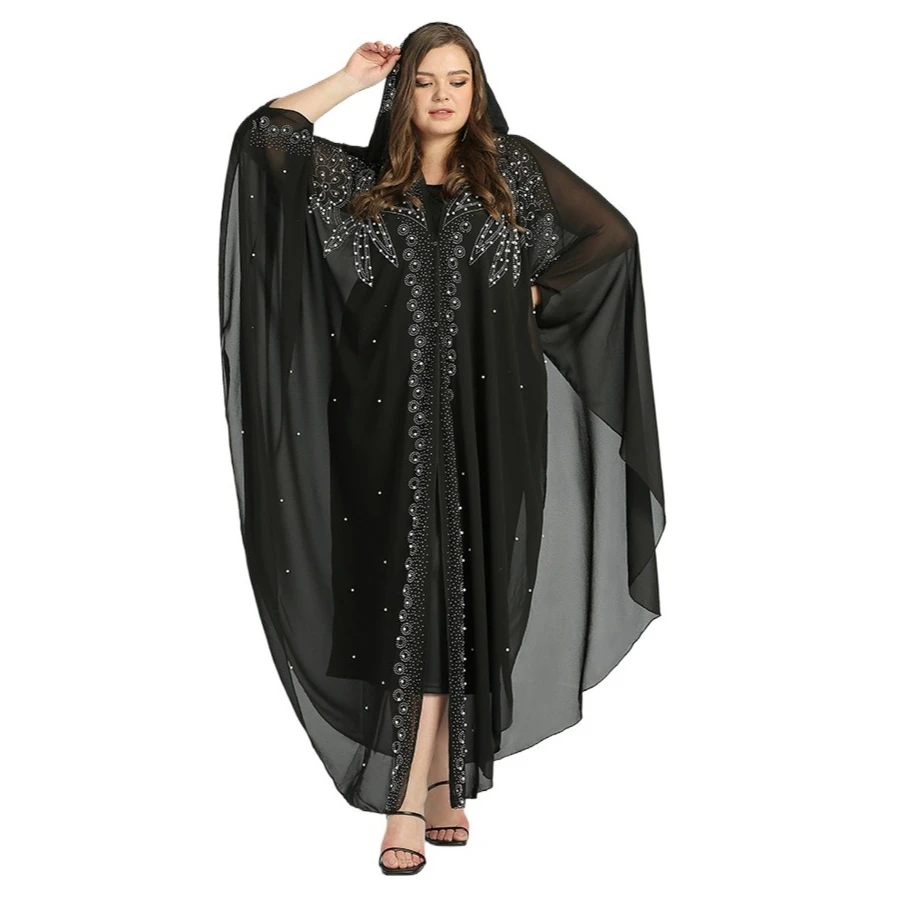 

New African Women Sequined Party Dress Ethnic Style Loose Shawl Eid Muslim Diamond Hooded Dress Ramadan Bat Sleeved Casual Abaya