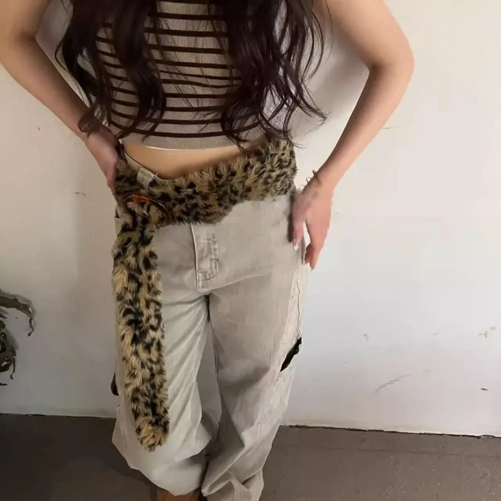 فروي ليوبارد طباعة أفخم حزام الجينز ديكور Y2K أفخم شرابات زنار Steampunk الهيب هوب الجاز أزياء رقص الإكسسوار #1