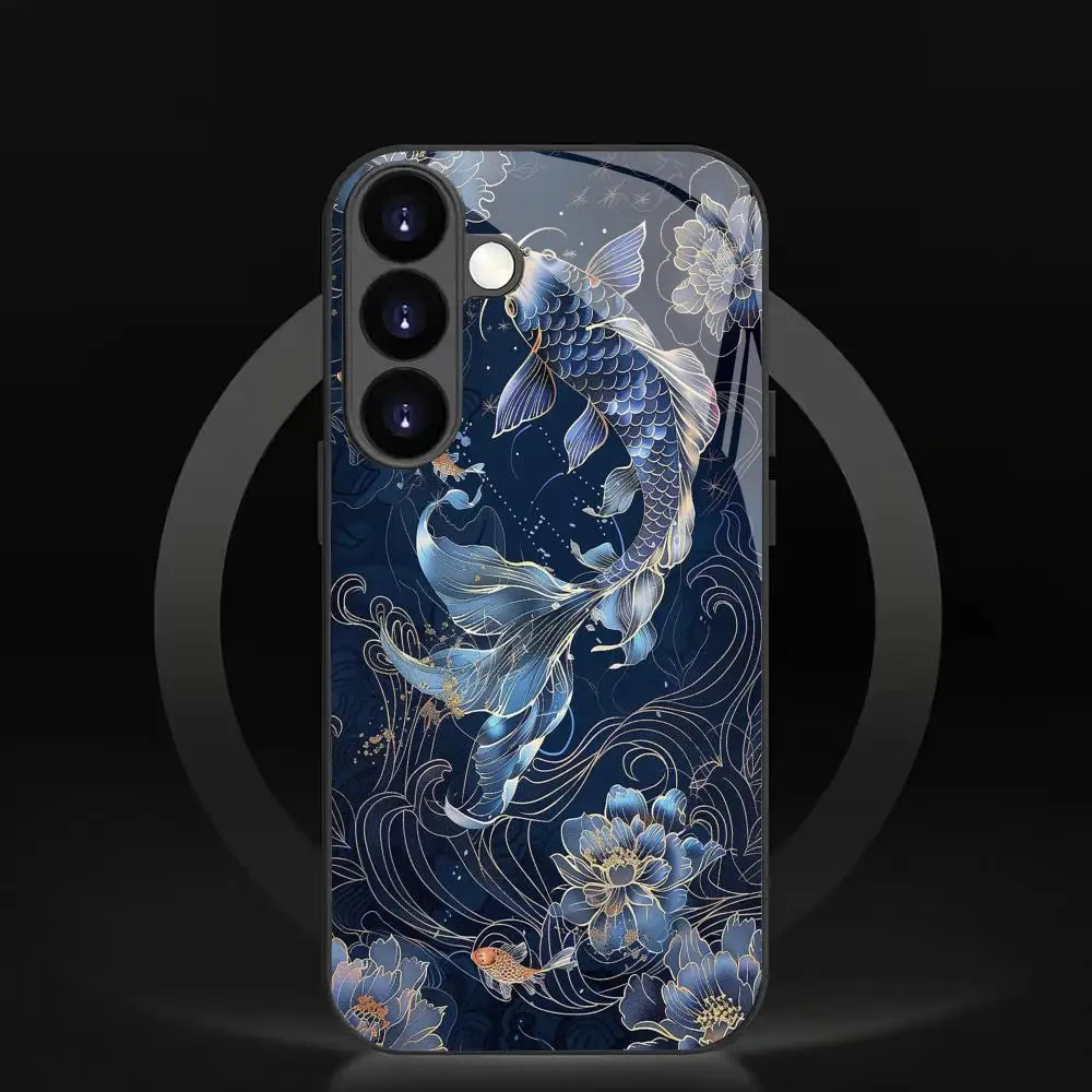 

Stylish phone case with carp and lotus patterns, suitable for Samsung S25 24 23 22 21 20 Plus / Ultra Large Screen
