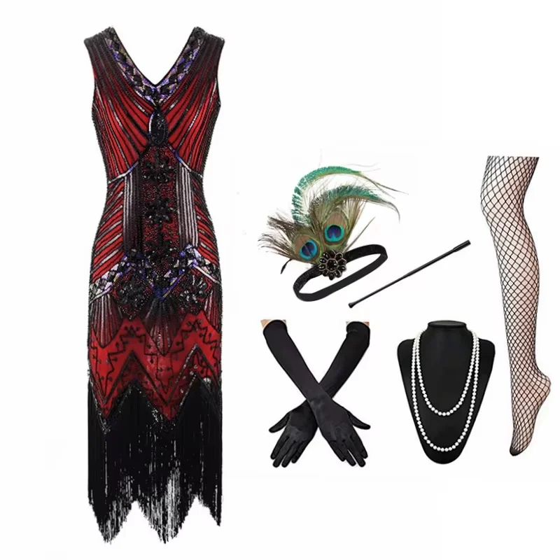 Novo 1920s gatsby charleston lantejoulas grânulo franja flapper bordado vestido robe com decote em v em camadas borla vestido de festa com acessórios