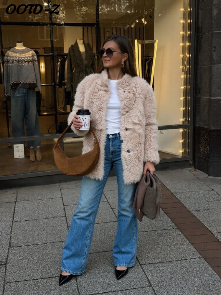 Casual namaakbont effen damesjas zachte enkele rij knopen opstaande kraag zakken vrouwelijke jassen 2025, herfst winter mode dame outwears