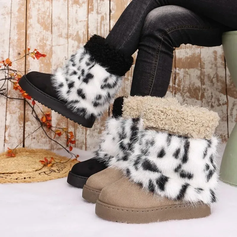 Free Shipping Women Fluffy Leopard Faux Fur Ankle Boots Slip on Thick Sole Cozy Winter Footwear, Customer Favorite