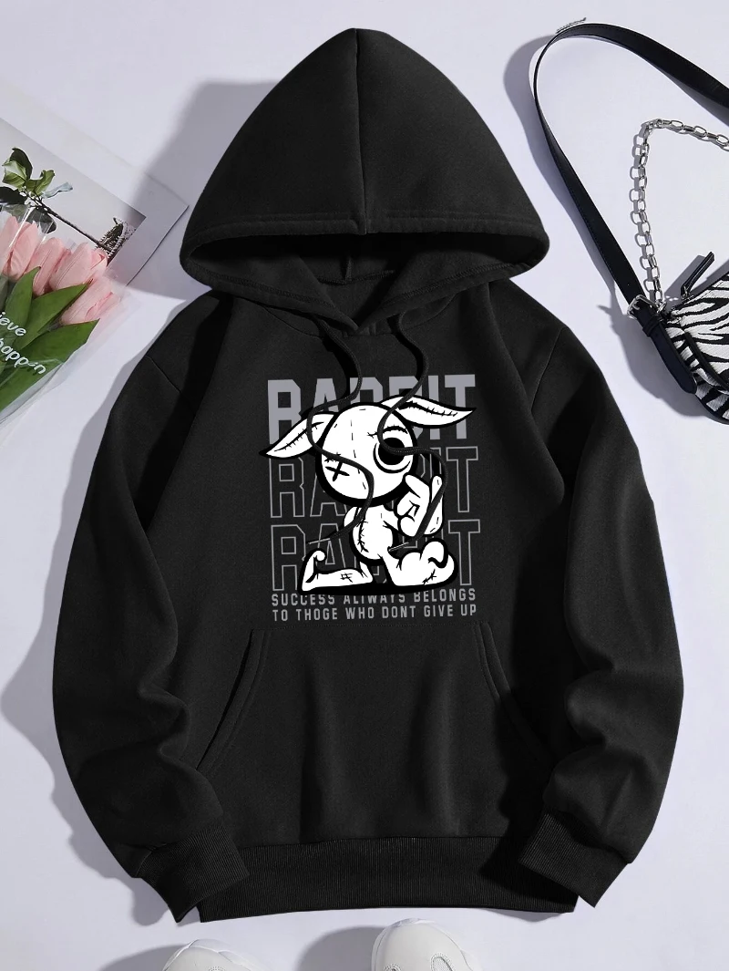 Cool Rabbit Hoodie Women Cartoons Letter Printed Sweatshirts Loose Fleece Warm Pocket Streetwear Winter Casual Woman Clothes