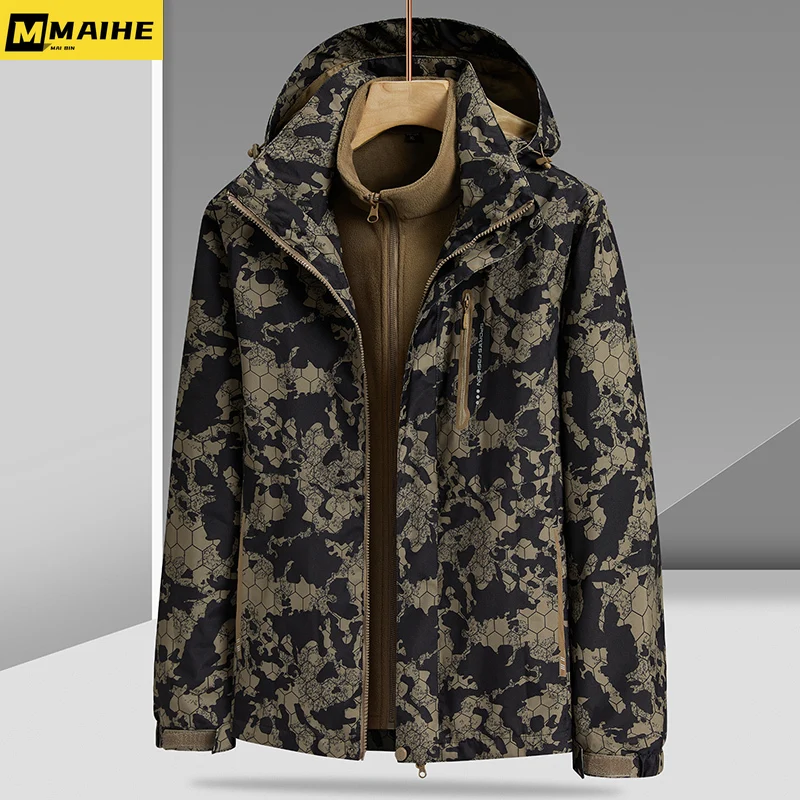 Winter Windbreaker Men's Three-in-one Detachable Fleece Liner Waterproof And Warm Parker Coat Couple Hiking Ski Camouflage Coat