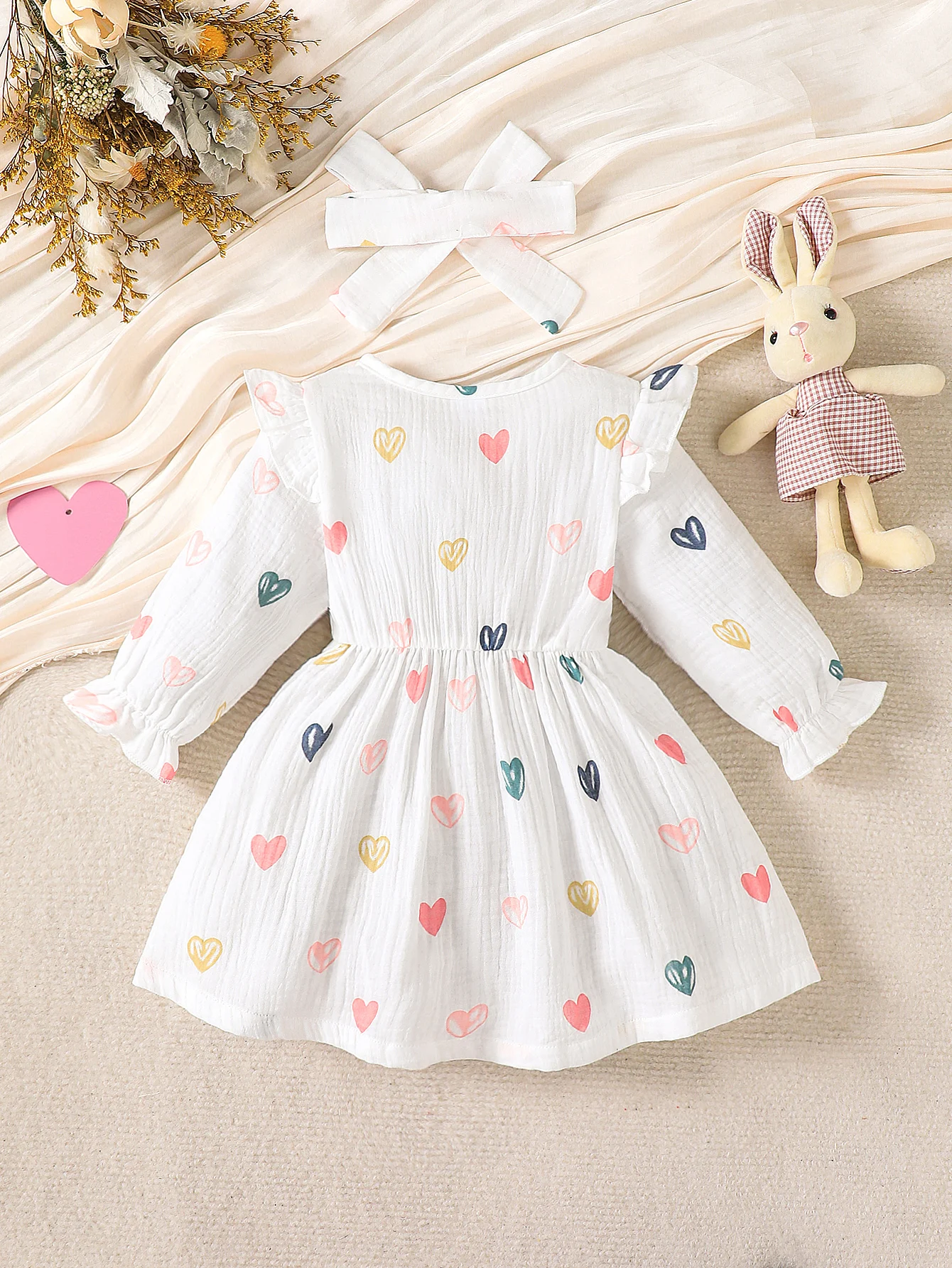 Baby Girl Summer Style Heart-Shaped Double-Sided Ruffled Bow Long-Sleeved Round-Neck Ladylike Versatile Dress + Headwear Two-Piece Set