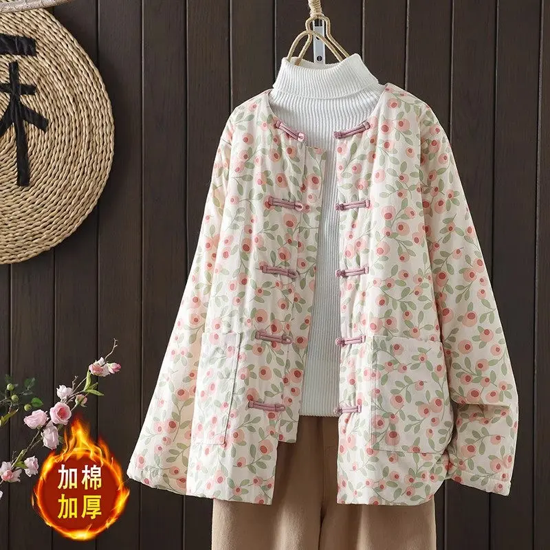 

Autumn Winter Lightweight Cotton Jacket Chinese Retro Plate Button Print Large Size Loose Short Quilted Coat For Women Z4517